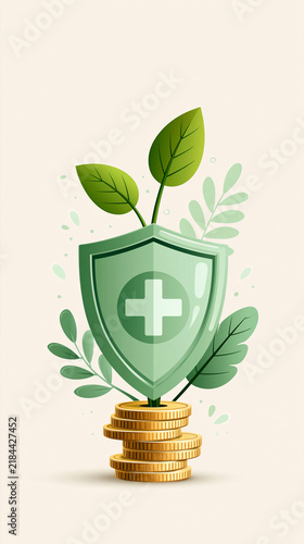 A green shield with a white medical cross, surrounded by leaves, symbolizes health protection and growth, standing on stacks of gold coins.