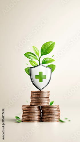 A growing plant with green leaves emerges from a shield with a medical cross, resting atop stacked coins symbolizing health investment and financial growth.