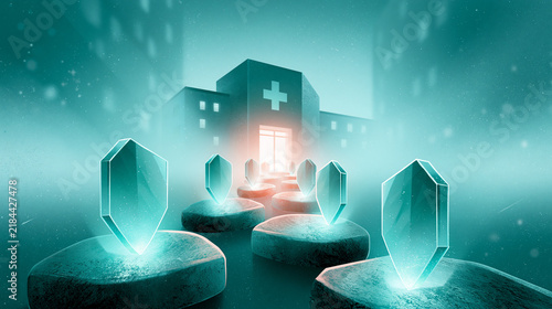 A futuristic healthcare facility with glowing crystals on platforms leading to its entrance, set in a misty, surreal environment.