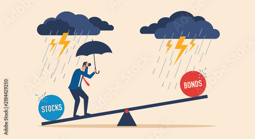 Foto Man balancing on seesaw between stocks and bonds during storm with lightning and rain representing financial investment risk management and diversification