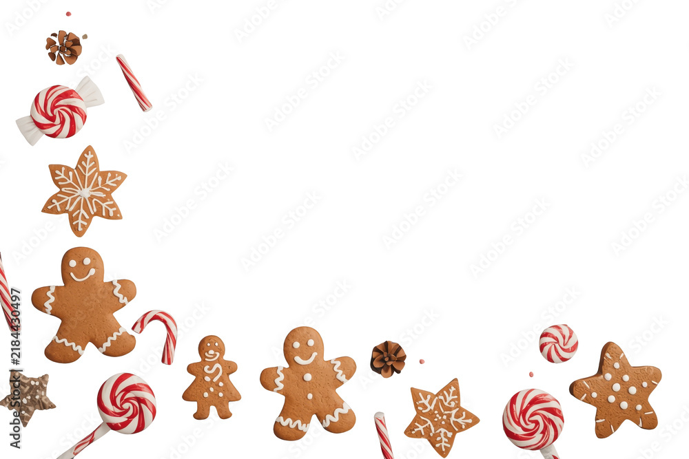 Obraz premium Christmas candy and gingerbread corner border