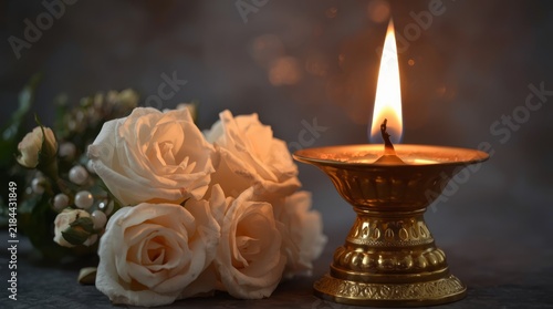 Elegant brass oil lamp with warm flame illuminating soft white floral arrangement with flickering glow beside delicate white roses serene setting
