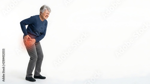 Elderly woman holding painful hip joint with glowing red spot for world osteoporosis day awareness