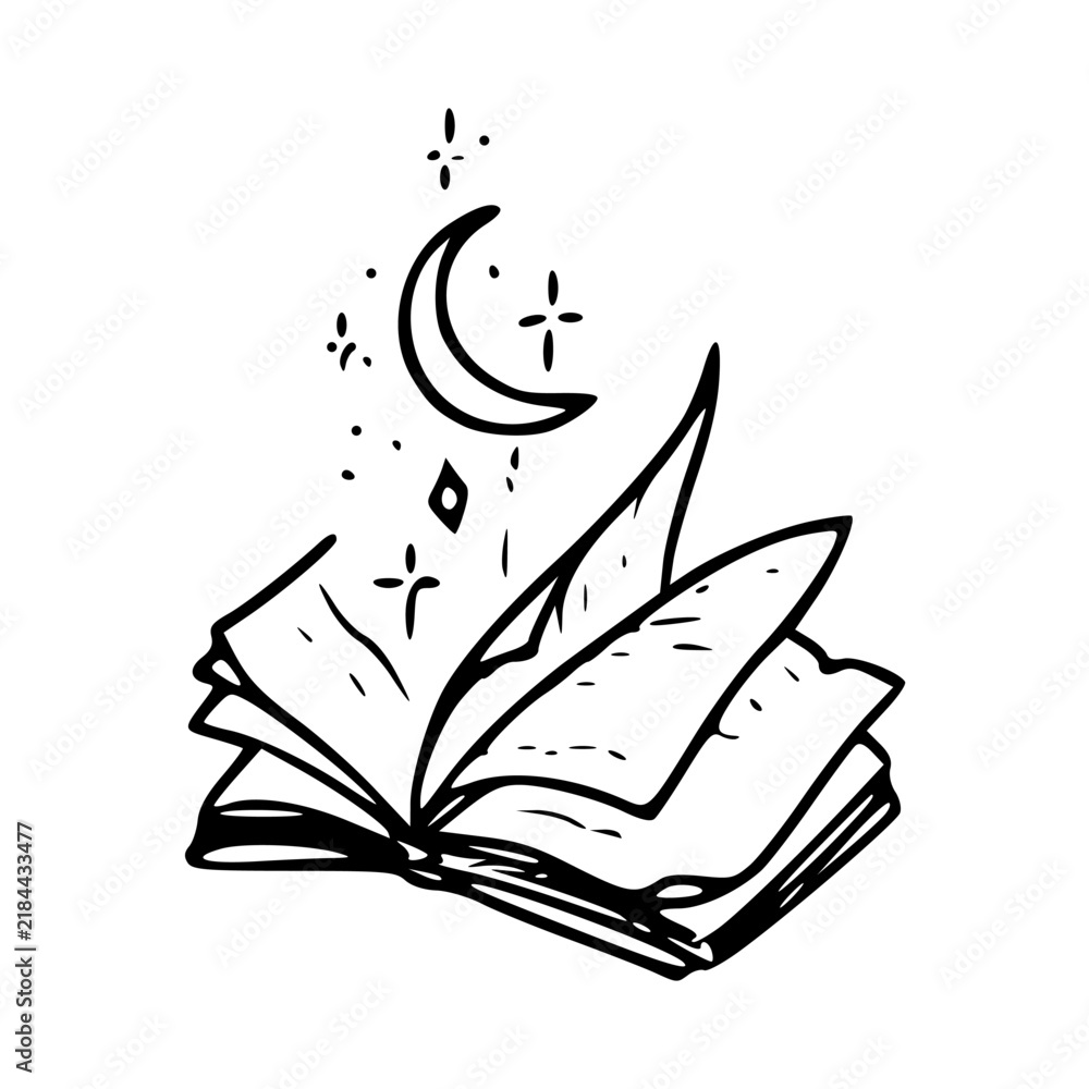Obraz premium magical open book with crescent moon line art vector illustration