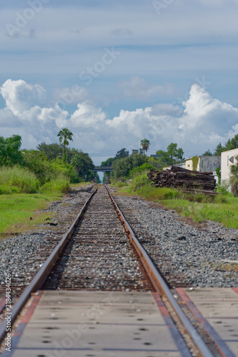 Low-angle photo of rusty train tracks stretching into the distance across gravel and wooden sleepers in a suburban St. Petersburg, FL green setting, suggesting travel, solitude, perspective, industria