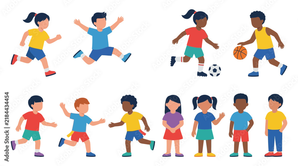 Fototapeta premium Set of diverse children characters engaged in various sports activities and standing poses.