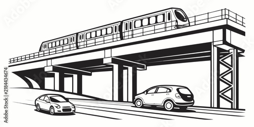 Foto Modern train on elevated railway bridge with cars driving below