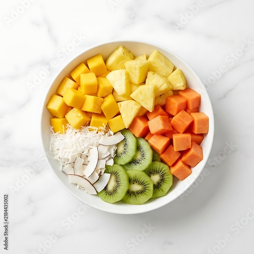 Bowl of diced mango pineapple papaya and kiwi with shredded coconut
