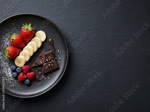 Fresh berries sliced banana and chocolate pieces on a dark plate with raw food