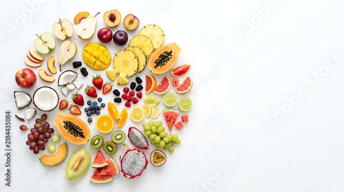 Assorted fresh exotic fruits arranged in a circular pattern on white background