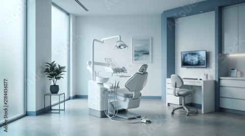 Modern dental clinic treatment room interior with advanced chair equipment and digital X-ray screen