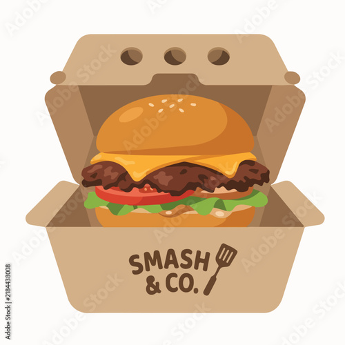 Delicious smash burger in paper box