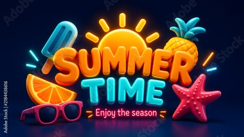 Colorful Summer Time Neon Sign With Tropical Icons And Sun