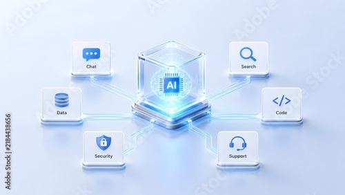 Central AI Processing Unit Connected To Digital Icons On Light Background