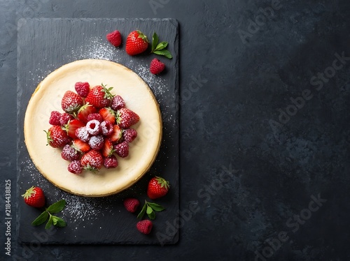 Whole cheesecake topped with fresh strawberries and raspberries on dark stone