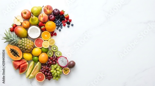 Fresh assorted seasonal fruits arranged in a crescent shape on white marble