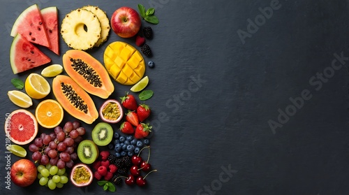 Assorted fresh tropical and summer fruits arranged on a dark stone background
