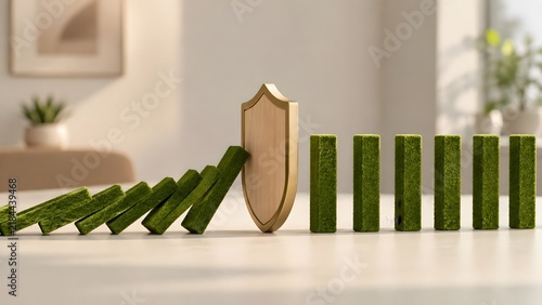 Eco Friendly Risk Management And Green Business Protection With Grass Domino Blocks And Shield