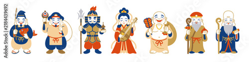 笑顔で並ぶかわいい七福神のシンプルなイラスト