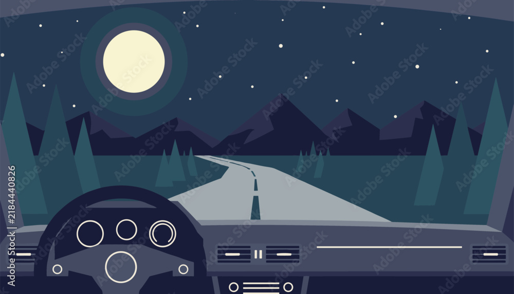 Fototapeta premium View from inside a car driving on an empty highway through a pine forest under a starry night sky with a full moon.