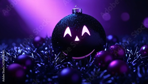 Jack o lantern Christmas bauble on purple tinsel background