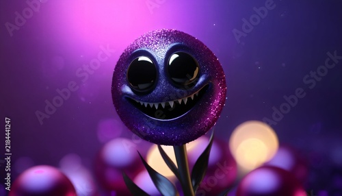 Smiling creepy round character on colorful festive bokeh background