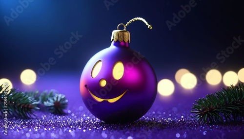Purple smiling Halloween ornament on festive garland background