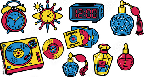 Retro pop art stickers set featuring turntable vinyl records vintage clocks digital alarm and perfume bottles vector illustration
