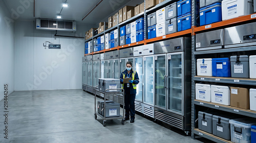 Warehouse worker ensuring efficient cold chain logistics in a vast refrigerated storage facility, managing inventory and daily operations for optimal distribution