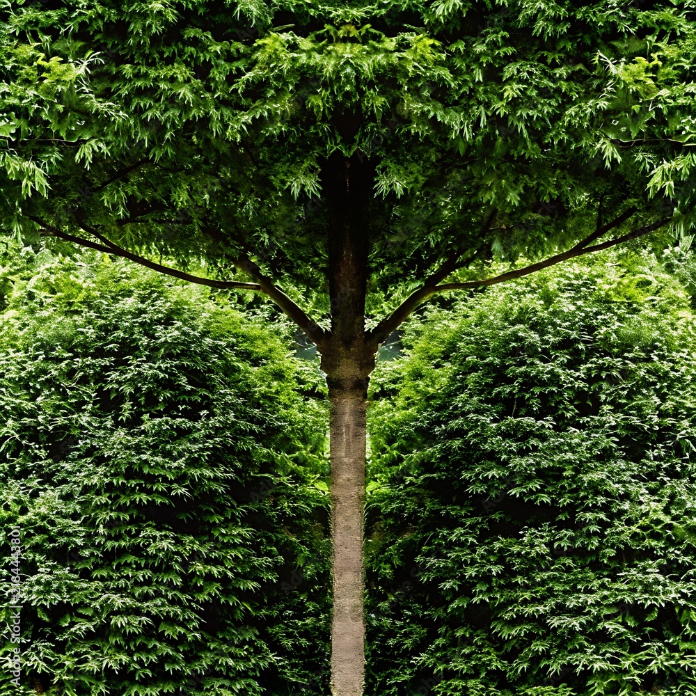Fototapeta premium A captivating view of a lush green tree trunk reaching towards the sky surrounded by dense foliage and illuminated by dappled sunlight filtering through the