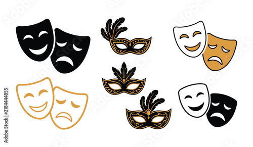 Collection of theatrical comedy and tragedy masks with masquerade carnival party accessories