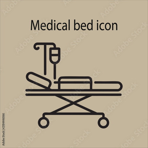 Hospital medical bed icon with iv drip drip stand outline vector illustration