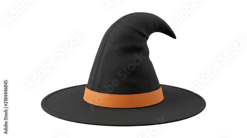 Classic black witch hat with a pointed, curved top and a wide brim, featuring a vibrant orange band, isolated on a white background.