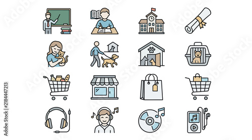Collection of modern thin outline icons depicting diverse activities such as classroom education learning pet adoption shopping music listening and daily life scenes in a clean minimalist st