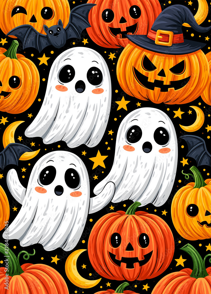 Obraz premium Playful hand-painted ghosts and pumpkins under the batmoon in a whimsical celebration Generative AI