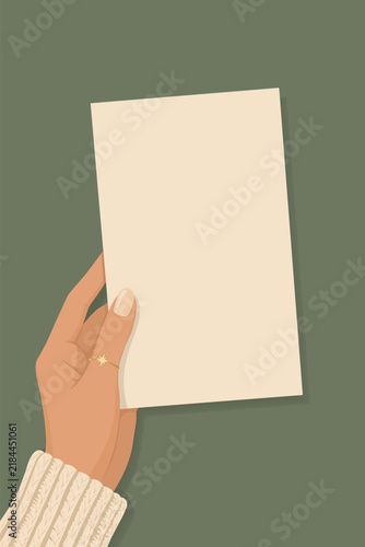 Woman hand holding blank paper card mockup with copy space on sage green background, female hand in knitted sweater vector illustration, elegant minimalist template for invitation or announcement