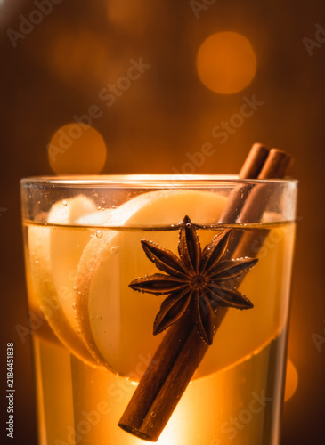Hot apple cider with cinnamon and star anise garnish