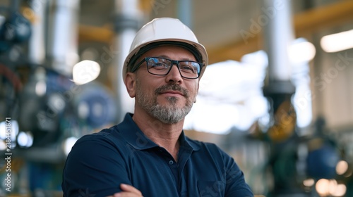 A confident male engineer wearing a hard hat and glasses stands in a factory with his arms crossed. The man has a beard and is smiling.