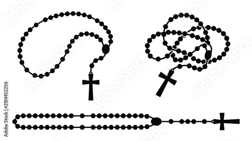 Detailed black vector illustration set featuring Catholic rosary beads with crucifixes in various organized shapes