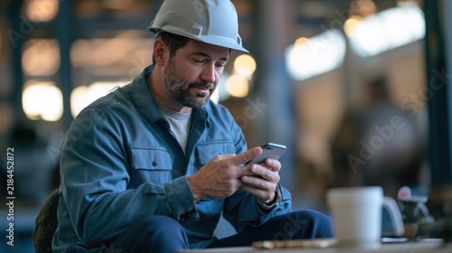 A construction worker wearing a hard hat sits at a table, looking down at his smartphone with a serious expression. A white coffee mug sits on the table next to him.