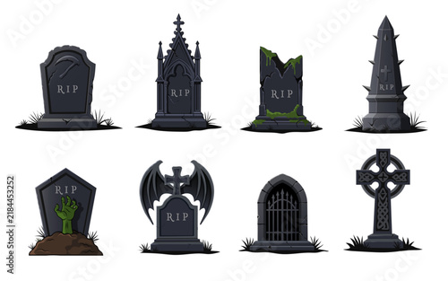 spooky tombstone collection isolated on transparent background. halloween concept old gravestone set design vector illustration.