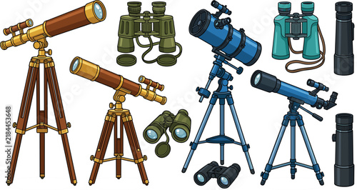 Foto Astronomical telescope and optical binoculars set on tripods for space observati