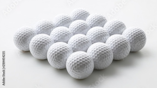 golf. White golf balls in perfect formation, emphasizing precision and simplicity on white background. event key visuals, club posters, designed for fitness apps and gym onboarding.