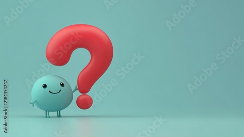A cheerful 3D cartoon character stands beside a large red question mark against a soft light blue background, embodying curiosity and problem-solving