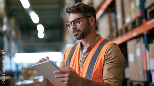 A man wearing a safety vest and glasses is looking at a tablet while standing in a warehouse. He is holding a pen in his hand and appears to be taking notes.