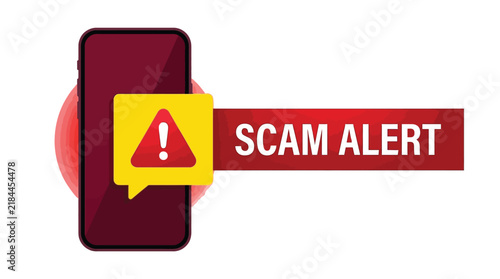 Scam alert warning notification displayed on a mobile phone screen in this vibrant vector graphic illustration