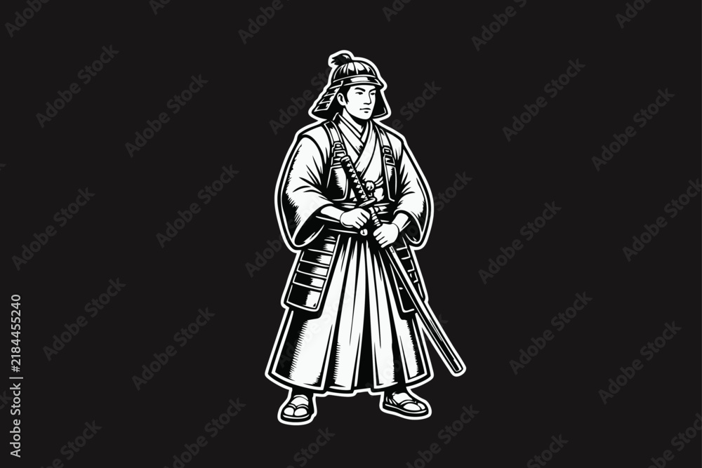 Obraz premium Samurai Warrior Holding Katana Sword in Traditional Japanese Attire Illustration