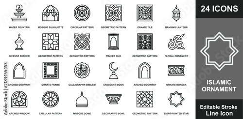 Islamic ornament icons set featuring geometric patterns for cultural design projects.