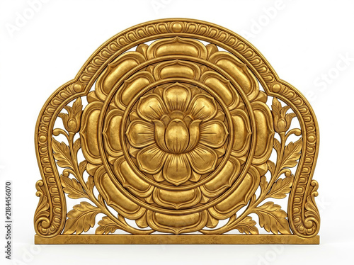 Golden Floral Sinhasan Backrest with Central Layered Flower and Ornamental Carving