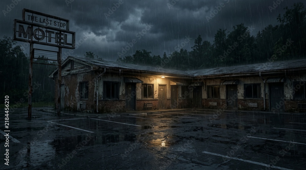 Obraz premium Grungy abandoned motel with a rusty sign under a dark stormy sky and pouring rain, creating a bleak atmosphere of neglect and despair.